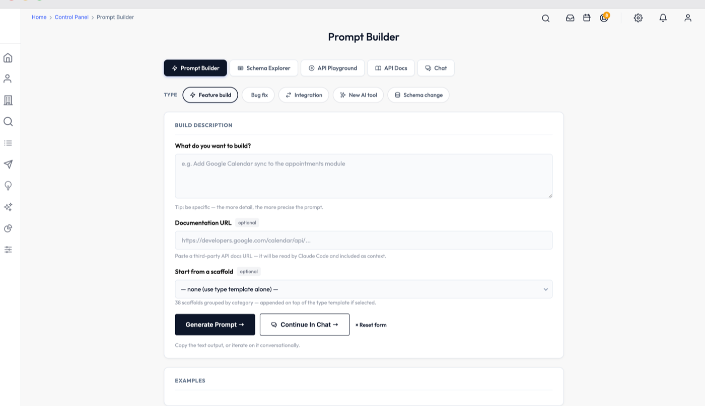The prompt builder assembling a build prompt with live schema and file context attached.